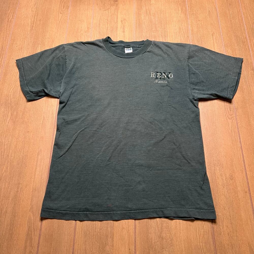 Vintage Reno Nevada Embroidered T Shirt Mens‎ Sz L USA Striped Green Tourist 90s